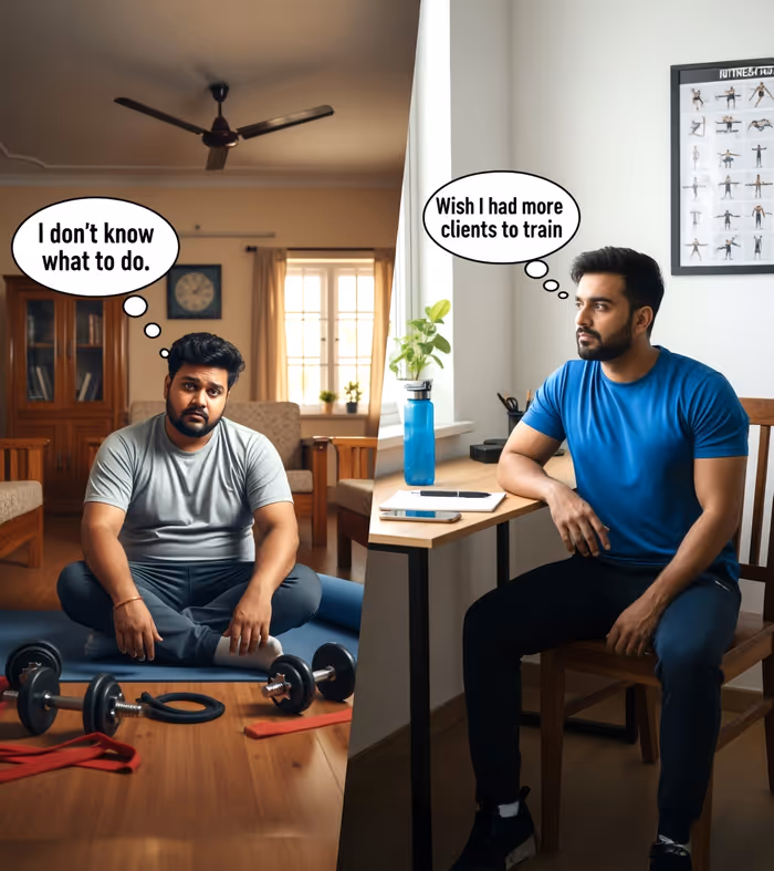 Person thinking about fitness and a trainer planning